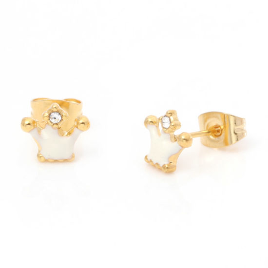 Picture of 1 Pair Vacuum Plating 316 Stainless Steel Stylish Ear Post Stud Earrings Gold Plated White Crown Enamel Clear Rhinestone 8.3mm x 7.2mm, Post/ Wire Size: (21 gauge)