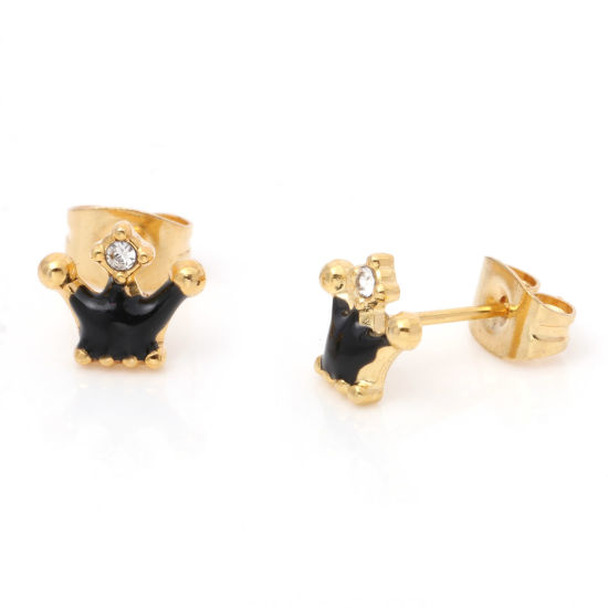 Picture of 1 Pair Vacuum Plating 316 Stainless Steel Stylish Ear Post Stud Earrings Gold Plated Black Crown Enamel Clear Rhinestone 8.3mm x 7.2mm, Post/ Wire Size: (21 gauge)