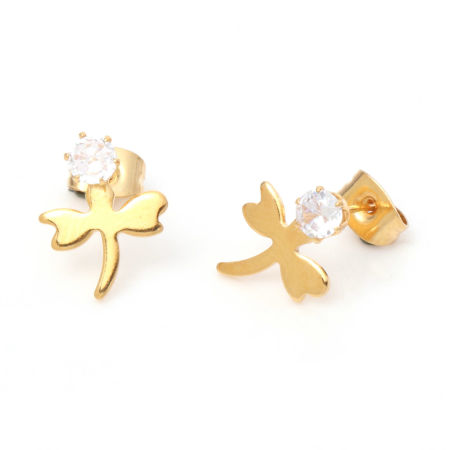 Image de 1 Paire Boucles d'Oreilles Puces en 316 Acier Inoxydable Placage sous Vide Élégant Doré Libellule à Strass Transparent 4mm Dia., Epaisseur de Fil: (21 gauge)