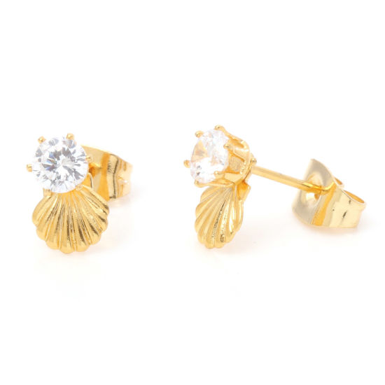 Picture of 316 Stainless Steel Stylish Ear Post Stud Earrings Gold Plated Shell Clear Rhinestone 4mm Dia., Post/ Wire Size: (21 gauge), 1 Pair