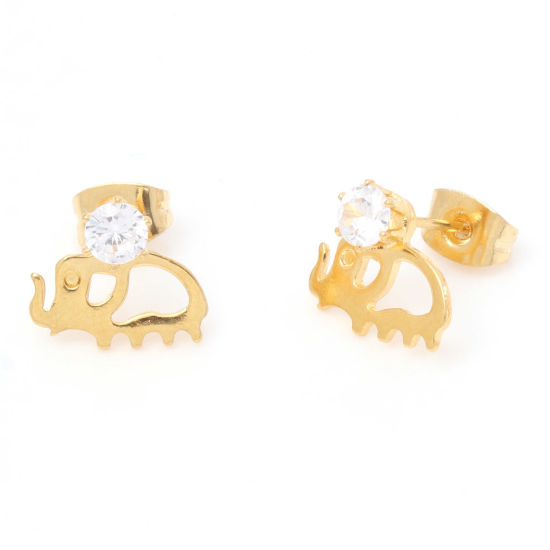 Picture of 316 Stainless Steel Stylish Ear Post Stud Earrings Gold Plated Elephant Clear Rhinestone 4mm Dia., Post/ Wire Size: (21 gauge), 1 Pair