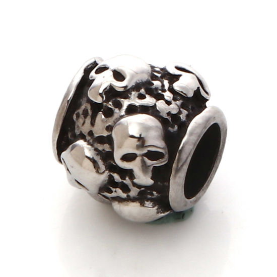 Imagen de 304 Acero Inoxidable Halloween Cuentas Tambor Plata Antigua Cráneo 10mm x 8.5mm, 1 Unidad