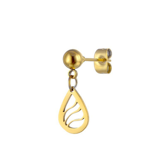 Imagen de Titanio Acero Serie de Geometría Pendientes Chapado en Oro Gota Ola 15mm, Post/ Wire Size: (20 gauge), 2 Unidades