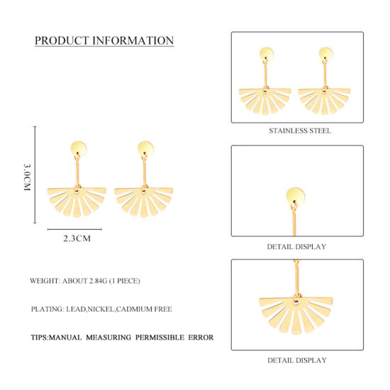 Immagine di 316 Acciaio inossidabile Elegante Orecchini a Perno Oro Placcato A Forma di Ventagli Filigrana 3cm x 2.3cm, Posta / Filo Dimensione: (20 misura), 1 Paio