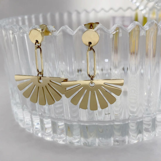 Immagine di 316 Acciaio inossidabile Elegante Orecchini a Perno Oro Placcato A Forma di Ventagli Filigrana 3cm x 2.3cm, Posta / Filo Dimensione: (20 misura), 1 Paio