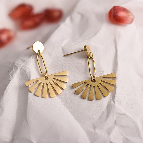 Immagine di 316 Acciaio inossidabile Elegante Orecchini a Perno Oro Placcato A Forma di Ventagli Filigrana 3cm x 2.3cm, Posta / Filo Dimensione: (20 misura), 1 Paio
