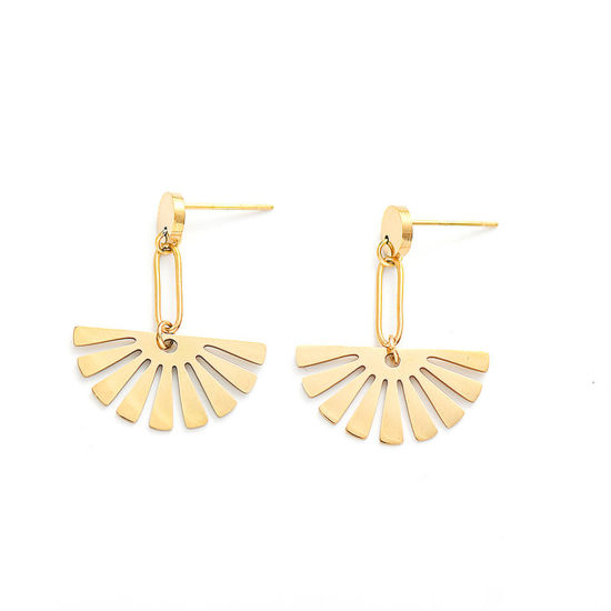 Immagine di 316 Acciaio inossidabile Elegante Orecchini a Perno Oro Placcato A Forma di Ventagli Filigrana 3cm x 2.3cm, Posta / Filo Dimensione: (20 misura), 1 Paio