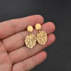 Picture of 304 Stainless Steel Stylish Ear Post Stud Earrings 18K Gold Plated Monstera Leaf Hollow 28mm x 16mm, Post/ Wire Size: (20 gauge), 1 Pair