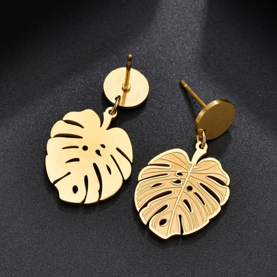 Immagine di 304 Acciaio Inossidabile Elegante Orecchini a Perno Placcato Oro 18K Foglia di Monstera Filigrana 28mm x 16mm, Posta / Filo Dimensione: (20 misura), 1 Paio