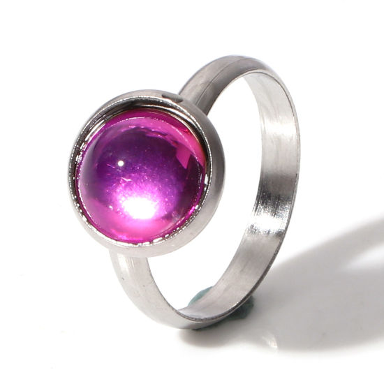 Image de Bagues Ouvert Ajoustable en 304 Acier Inoxydable & Verre Simple Argent Mat Fuchsia Rond Couleur AB 17.7mm (Taille d'US 7.5) , 1 Pièce