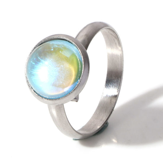 Image de Bagues Ouvert Ajoustable en 304 Acier Inoxydable & Verre Simple Argent Mat Bleu Clair Rond Couleur AB 17.7mm (Taille d'US 7.5) , 1 Pièce
