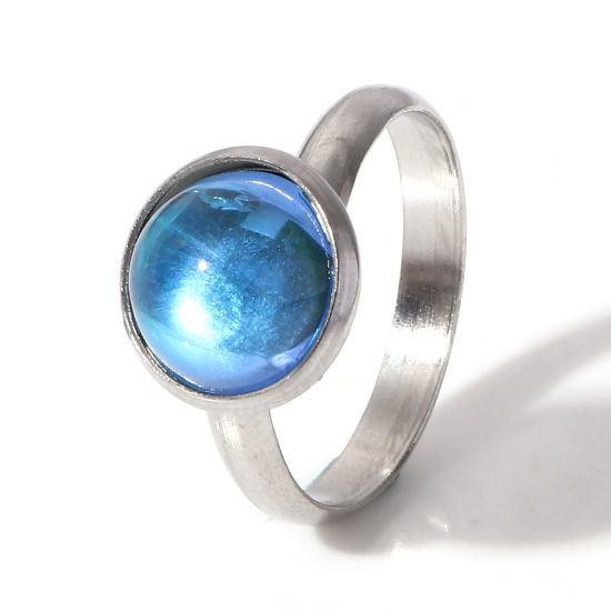 Image de Bagues Ouvert Ajoustable en 304 Acier Inoxydable & Verre Simple Argent Mat Bleu Rond Couleur AB 17.7mm (Taille d'US 7.5) , 1 Pièce