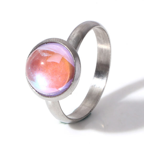 Image de Bagues Ouvert Ajoustable en 304 Acier Inoxydable & Verre Simple Argent Mat Rose Clair Rond Couleur AB 17.7mm (Taille d'US 7.5) , 1 Pièce