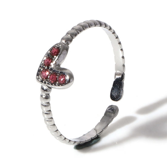 Immagine di 304 Acciaio Inossidabile Pietre Nascita Aperto Regolabile Anello Tono Argento Cuore Ottobre Micro Spianare Rosa Chiaro Strass 16.5mm (taglia di US: 6), 1 Pz