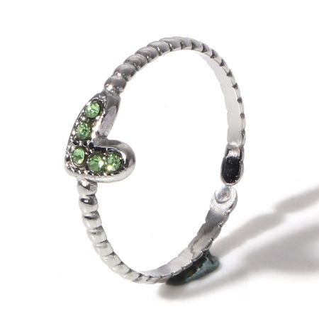 Picture of 304 Stainless Steel Birthstone Open Adjustable Rings Silver Tone Heart August Micro Pave Light Green Rhinestone 16.5mm(US Size 6), 1 Piece