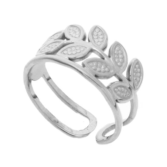 Image de Bagues Ouvert Ajoustable en 304 Acier Inoxydable Élégant Argent Mat Branche d'Olivier Creux 16.5mm (Taille d'US 6) , 1 Pièce