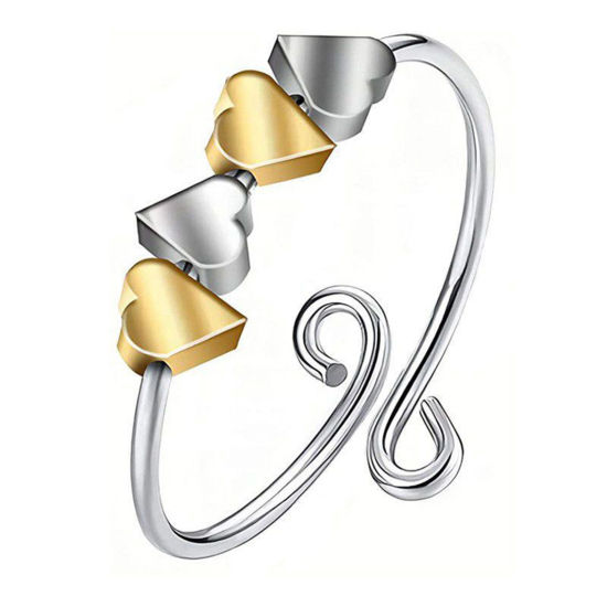 Bild von Messing Stress Entlastung Angst Fidget Spinner Offen Verstellbar Ring Herz Vergoldet & Silberfarbe 18mm (US Größe 7.75), 1 Stück                                                                                                                              