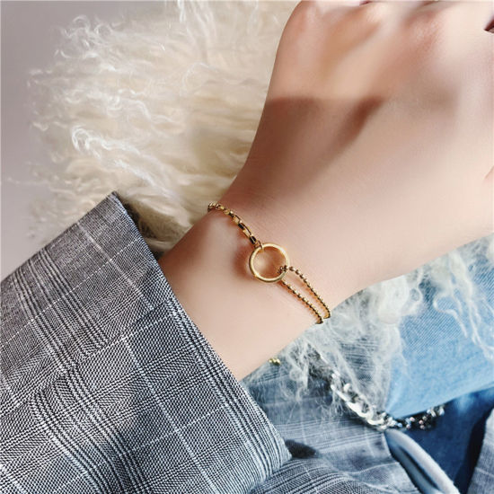 Picture of Titanium Steel Ins Style Bracelets Gold Plated Circle Ring 15cm(5 7/8") long, 1 Piece