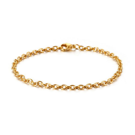 Picture of 304 Stainless Steel Simple Link Cable Chain Bracelets Gold Plated 20cm(7 7/8") long, 3mm wide, 1 Piece