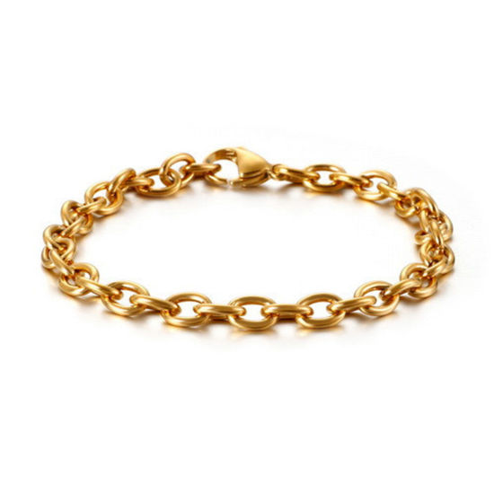 Picture of 304 Stainless Steel Simple Link Cable Chain Bracelets Gold Plated 20cm(7 7/8") long, 6mm wide, 1 Piece