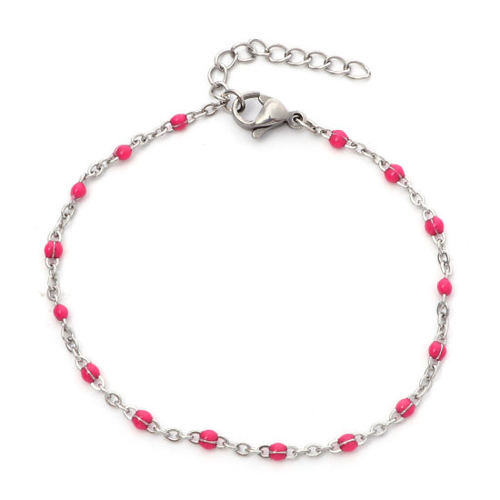 Picture of 304 Stainless Steel Link Cable Chain Bracelets Silver Tone Fuchsia Enamel 17cm(6 6/8") long, 1 Piece