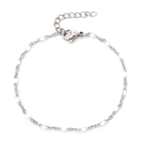 Picture of 304 Stainless Steel Link Cable Chain Bracelets Silver Tone White Enamel 17cm(6 6/8") long, 1 Piece