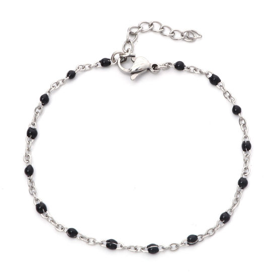 Picture of 304 Stainless Steel Link Cable Chain Bracelets Silver Tone Black Enamel 17cm(6 6/8") long, 1 Piece