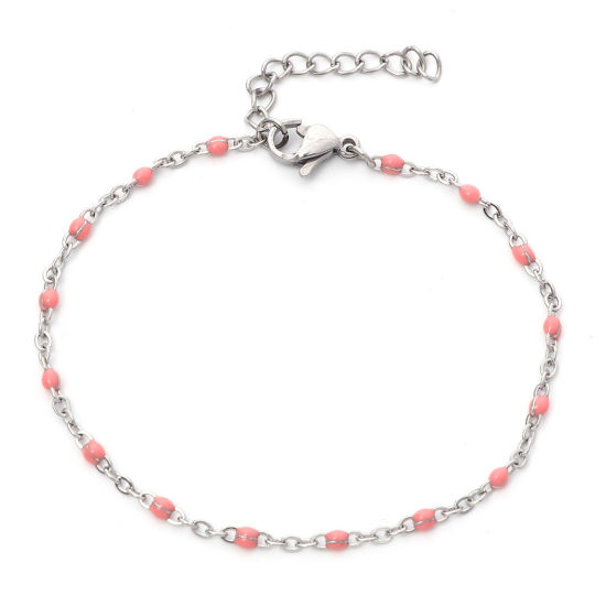 Picture of 304 Stainless Steel Link Cable Chain Bracelets Silver Tone Light Pink Enamel 17cm(6 6/8") long, 1 Piece