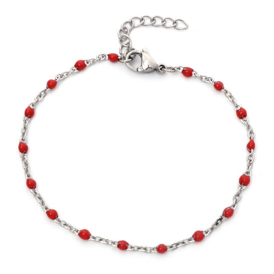 Picture of 304 Stainless Steel Link Cable Chain Bracelets Silver Tone Red Enamel 17cm(6 6/8") long, 1 Piece