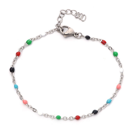 Picture of 304 Stainless Steel Link Cable Chain Bracelets Silver Tone Multicolor Enamel 17cm(6 6/8") long, 1 Piece