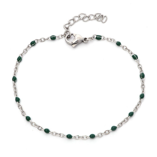 Picture of 304 Stainless Steel Link Cable Chain Bracelets Silver Tone Dark Green Enamel 17cm(6 6/8") long, 1 Piece