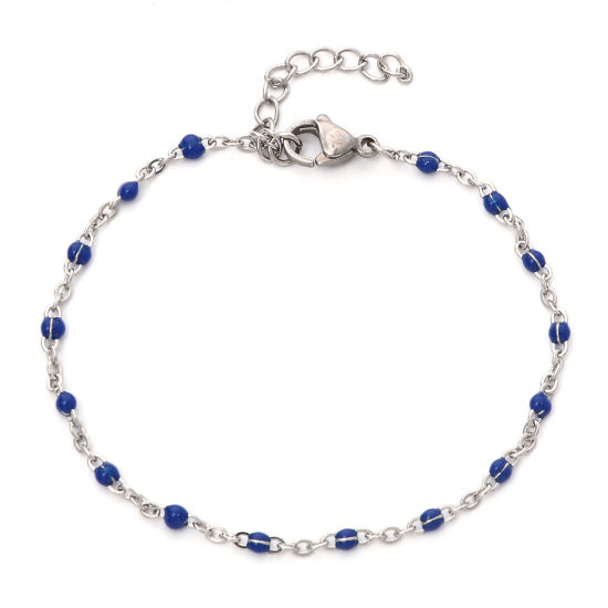 Picture of 304 Stainless Steel Link Cable Chain Bracelets Silver Tone Dark Blue Enamel 17cm(6 6/8") long, 1 Piece