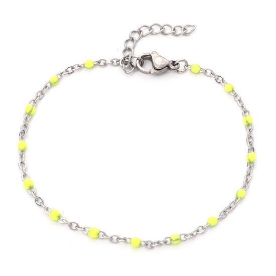 Picture of 304 Stainless Steel Link Cable Chain Bracelets Silver Tone Neon Yellow Enamel 17cm(6 6/8") long, 1 Piece