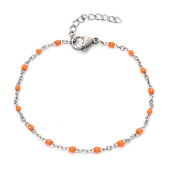 Picture of 304 Stainless Steel Link Cable Chain Bracelets Silver Tone Orange Enamel 17cm(6 6/8") long, 1 Piece