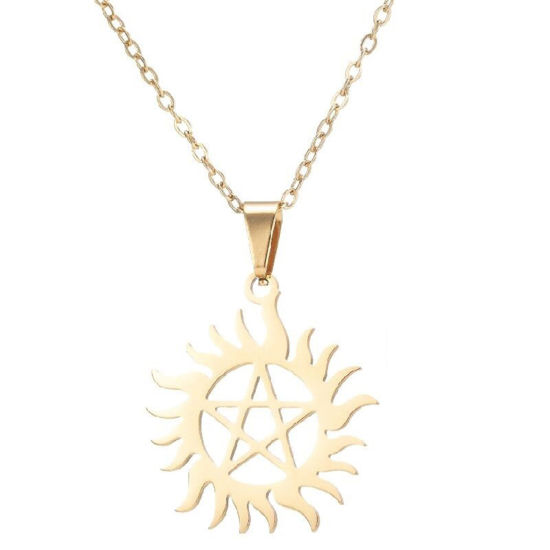 Image de Colliers Chaîne Maille Forçat en 201 Acier Inoxydable Élégant Doré Soleil Pentacle 45cm Long, 1 Pièce