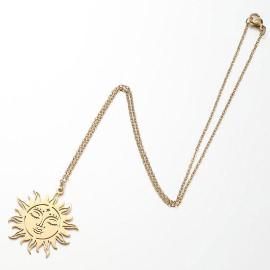 Imagen de 201 Acero Inoxidable Elegante Cable Cadena Cruz Collares Chapado en Oro Sol 45cm longitud, 1 Unidad