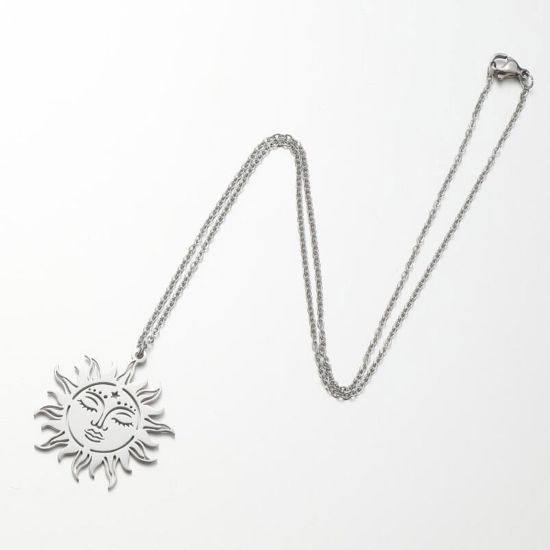 Imagen de 201 Acero Inoxidable Elegante Cable Cadena Cruz Collares Tono de Plata Sol 45cm longitud, 1 Unidad