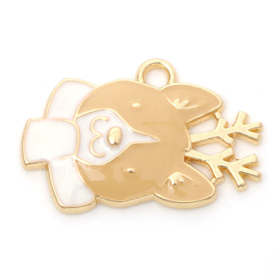Imagen de Zamak Navidad Colgantes Charms Perro Chapado en Oro Caqui Cornamenta Esmalte 28mm x 19mm, 5 Unidades