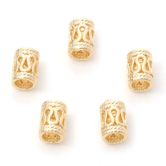 Image de Perles en Laiton Plaqué Or Véritable 14K Colonne Fleurs Creuses Env. 7mm x 5mm, Trou: Env. 3mm, 5 Pcs