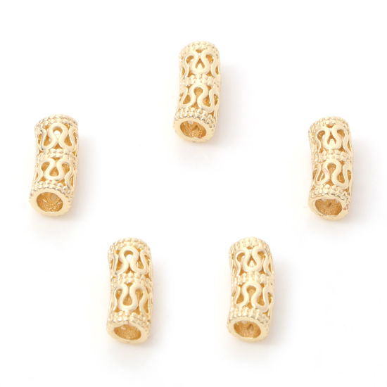 Image de Perles en Laiton Plaqué Or Véritable 14K Tube Fleurs Creuses Env. 9mm x 3mm, Trou: Env. 2mm, 5 Pcs