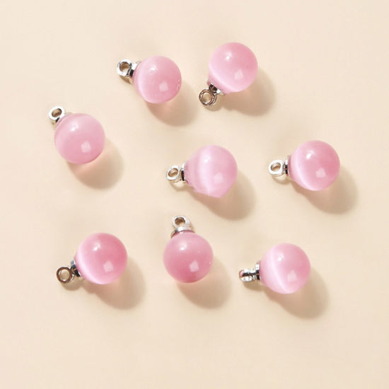 Picture of Cat's Eye Glass ( Synthetic ) Charms Silver Tone Pink Round 6mm Dia., 10 PCs