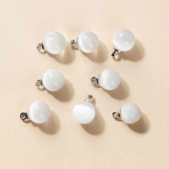 Picture of Cat's Eye Glass ( Synthetic ) Charms Silver Tone White Round 12mm Dia., 10 PCs