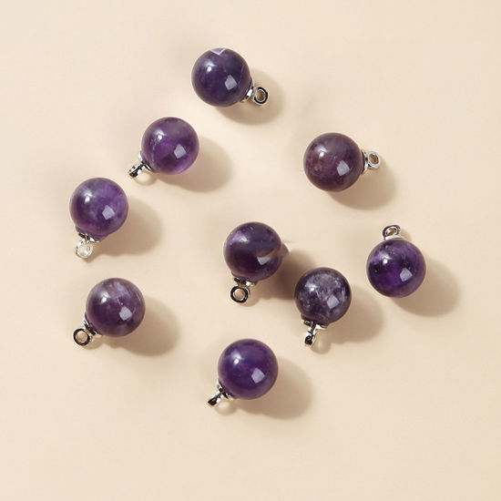 Picture of Amethyst ( Natural ) Charms Silver Tone Purple Round 10mm Dia., 10 PCs