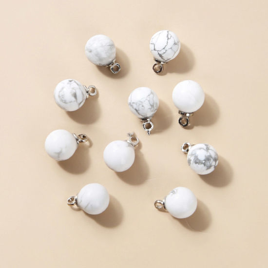 Picture of Howlite ( Natural ) Charms Silver Tone White Round 6mm Dia., 10 PCs