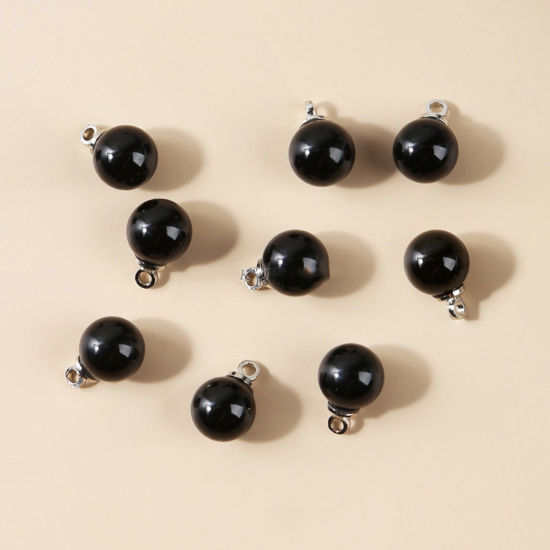 Picture of Black Onyx Agate ( Natural ) Charms Silver Tone Black Round 10mm Dia., 10 PCs