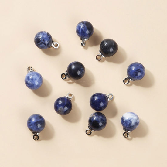 Picture of Blue-vein Stone ( Natural ) Charms Silver Tone Blue Round 6mm Dia., 10 PCs