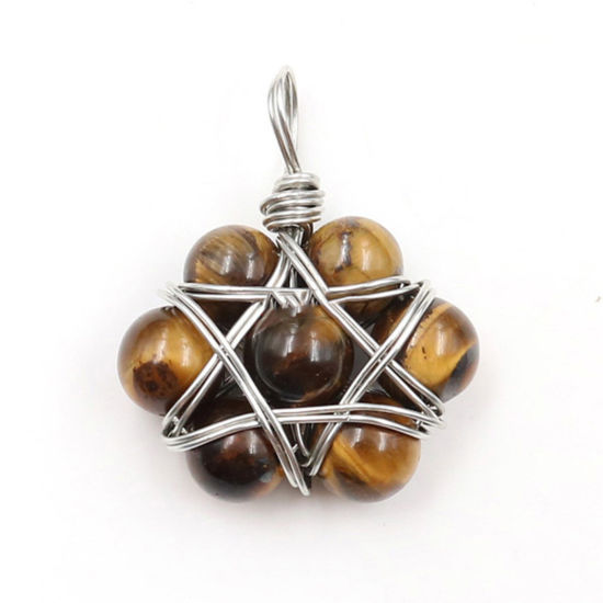 Picture of Tiger's Eyes ( Natural ) Wire Wrapped Pendants Silver Tone Brown Yellow Star Of David Hexagram Round 35mm x 22mm, 1 Piece