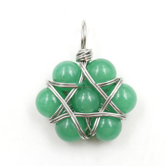 Picture of Aventurine ( Natural ) Wire Wrapped Pendants Silver Tone Green Star Of David Hexagram Round 35mm x 22mm, 1 Piece