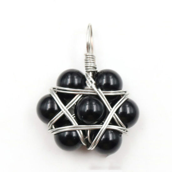 Picture of Agate ( Natural ) Wire Wrapped Pendants Silver Tone Black Star Of David Hexagram Round 35mm x 22mm, 1 Piece