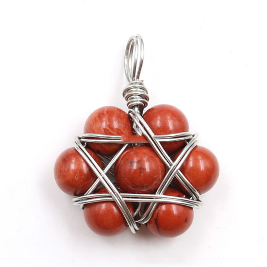 Picture of Stone ( Natural ) Wire Wrapped Pendants Silver Tone Red Star Of David Hexagram Round 35mm x 22mm, 1 Piece